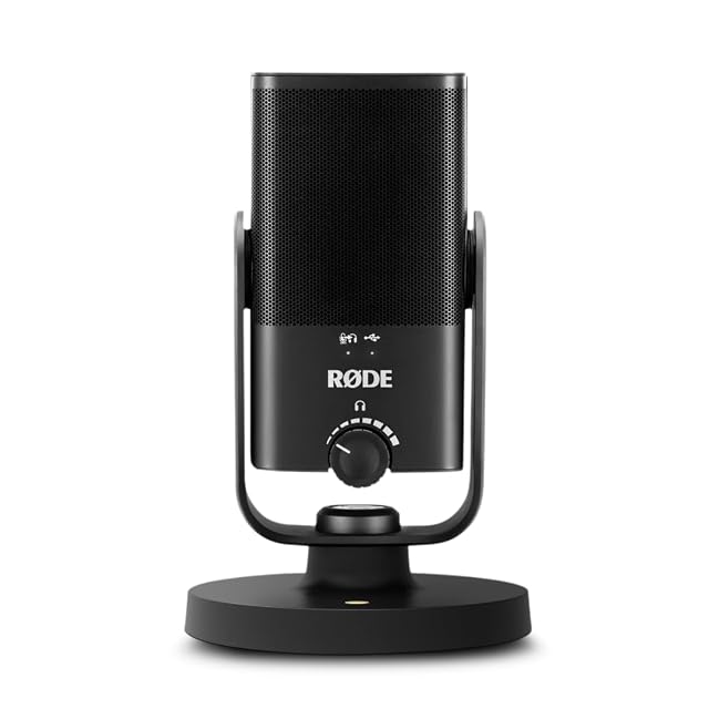 Microfono a condensatore USB RØDE NT-USB Mini sulla propria base magnetica da tavolo